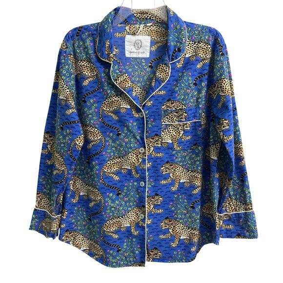 Print Fresh Bagheera Sapphire Leopard Cotton Button Up Sleep Pajama Shirt Size S - Picture 1 of 7
